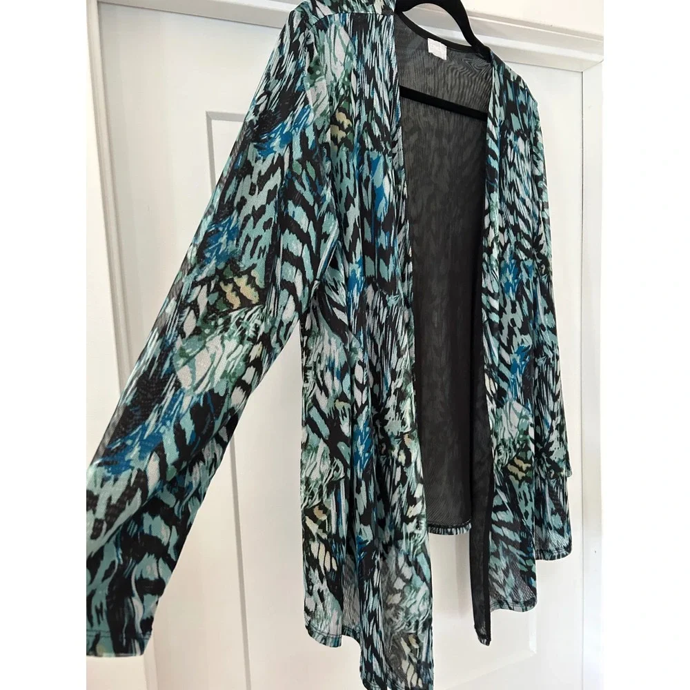Chicos Mesh Open Front Cardigan Blue Teal Abstract Print Long Sleeve Top M L